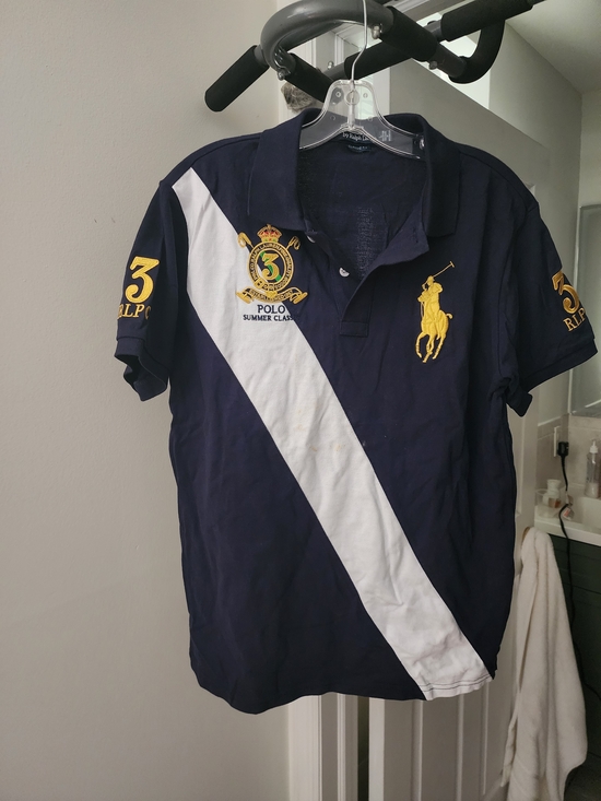Ralph Lauren Other - Ralph Lauren Navy Polo with White Diagonal Stripe and Yellow Embroidered Crest